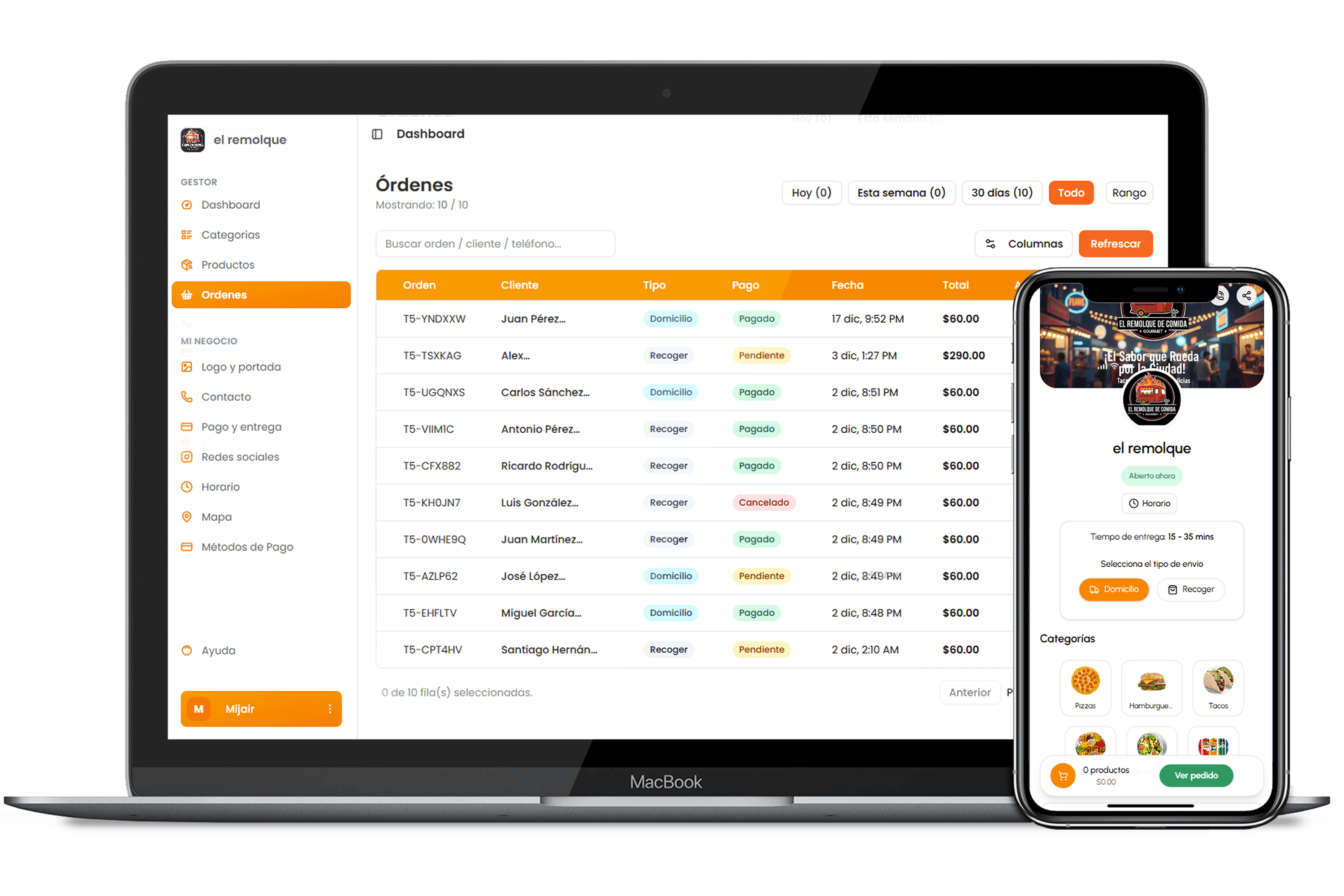 Panel de administración de MenuClick con estadísticas y gestión de pedidos